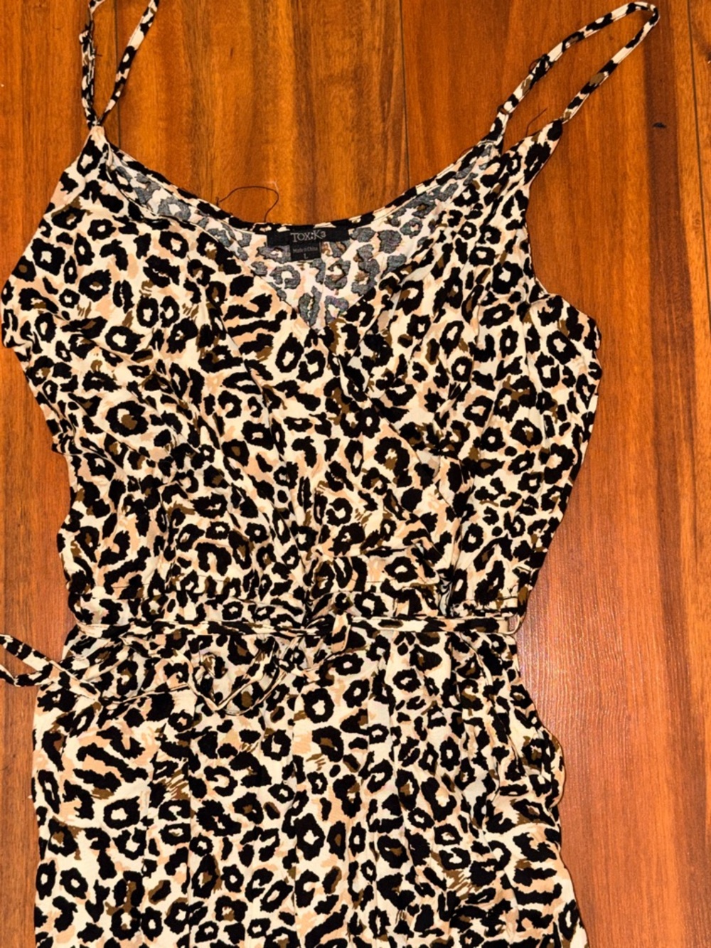 Leopard Print jumpsuit with Self-Tie in Beige and Black